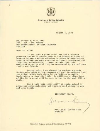 [Letter from Premier William Vander Zalm to Dr. Gurdev Singh Gill]