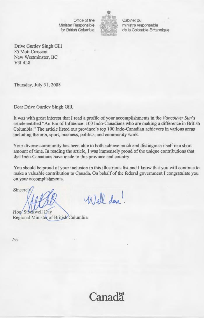 [Letter from Regional Minister of British Columbia, Stockwell Day to Dr. Gurdev Singh Gill]