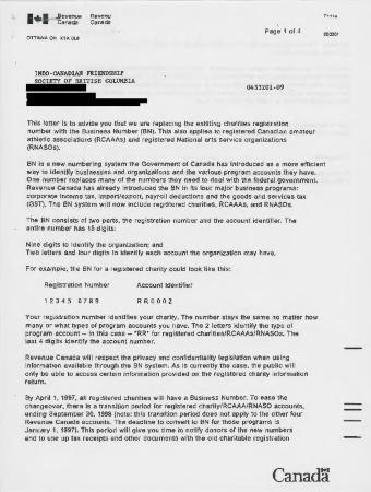 [Letter from Revenue Canada to Indo-Canadian Friendship Society of British Columbia]