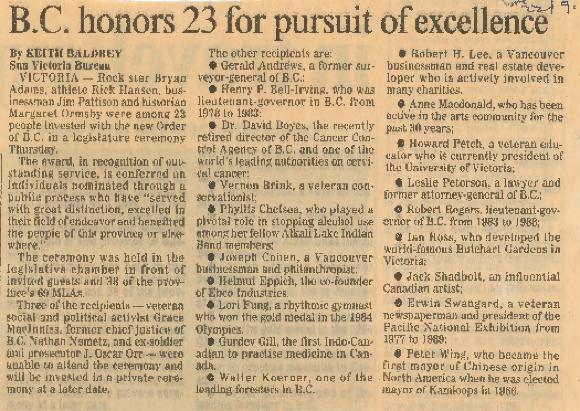 Newspaper article titled, "B.C. honors 23 for pursuit of excellence"