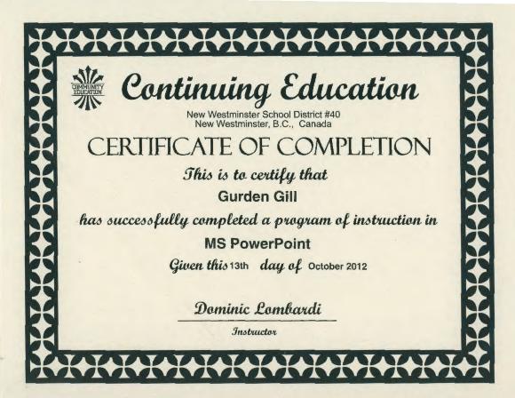 [Certificate of completion of MS PowerPoint awarded to Dr. Gurdev Singh Gill]