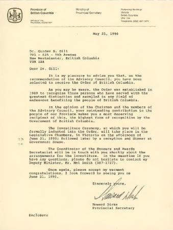 [Letter from Provincial Secretary Howard Dirks to Dr. Gurdev Singh Gill]