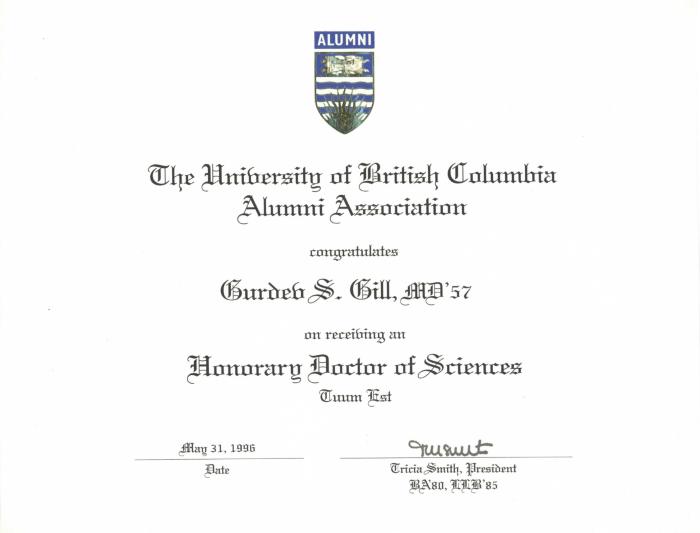 [Honorary degree awarded to Dr. Gurdev Singh Gill by the University of British Columbia Alumni Association]
