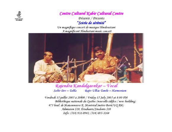 [Poster for Rajendra Kandalgaonkar's performance of Soirée de sérénité at Bibliothèque nationale du Québec, Montreal, Quebec]