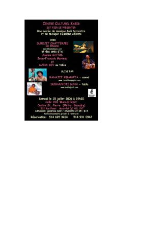 [Poster for Bhoomi's performance of Soiree de musique folke terrestre et de musique classique celeste at Centre St. Pierre, Montreal, Quebec]