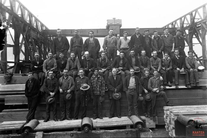 [Group photo of lumber mill workers at Industrial Timber Mills Ltd, Youbou, B.C.]
