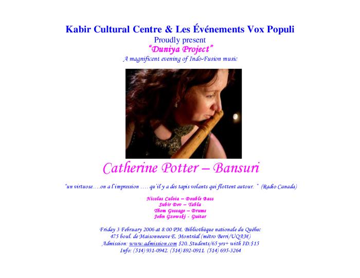 [Poster for the Duniya Project's performance at the Bibliothèque nationale du Québec, Montreal, Quebec]