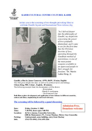 [Poster for the screening of Gandhi and Citizen King at de Seve Cinema, Montreal, Quebec]