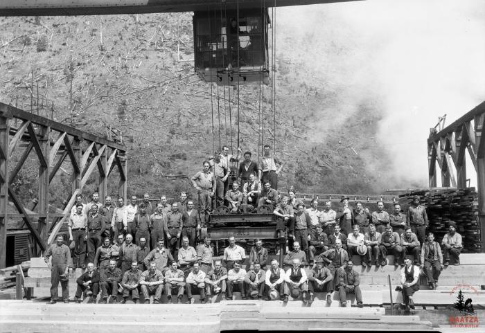 [Group photo of lumber mill workers from the British Columbia Forest Products community in Youbou, B.C.]