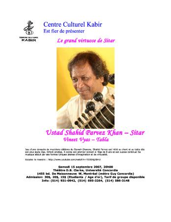 [Poster for Ustad Shahid Parvez Khan's sitar performance at the D.B.Clarke Theatre, Montreal, Quebec]
