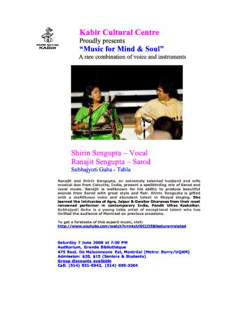 [Poster for Shirin Sengupta's performance of Music for Mind & Soul at Grande Bibliotheque, Montreal, Canada]