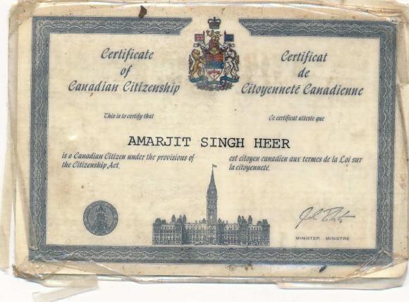 [Amarjit Singh Heer's Certificate of Canadian Citizenship]