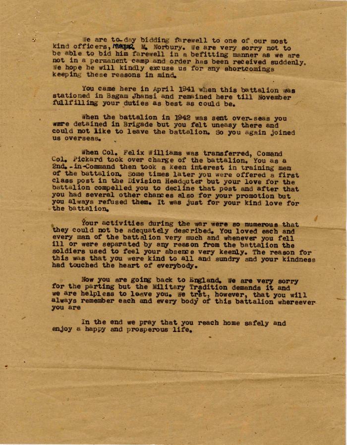 [Memo from Michael Norbury's millitary collegues bidding him farewell]