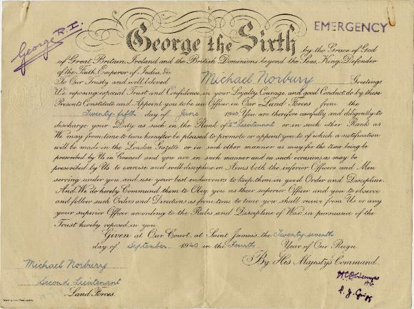 [Certificate of Appointment presented to Michael Norbury in the name of King Emperor of India, "George the Sixth" on September 27th 1940]