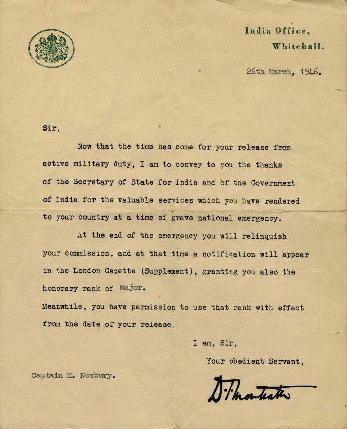 [Letter of appreciation from the India office at White Hall to Michael Norbury]