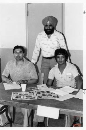 [Group photo of Gurdev Pabla, Ajit Manhas, and Raghbir Jaswal at the 1981 IWA Strike Headquarters in Nanaimo, B.C.]