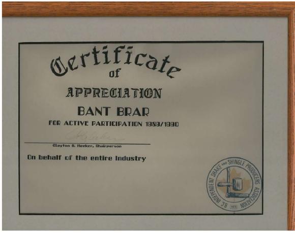 [Photo of Bant Brar's certificate of appreciation]