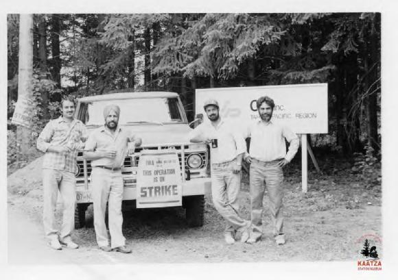 [Group photo of Balbir Rai, Karnail Hayer, Jora. S. Dale and Amrick Dale at C.I.P. Ladysmith, B.C. during the 1986 IWA Strike]