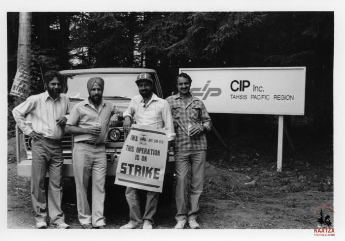 [Group photo of Amrick Dale, Karnail Hayer, Jora. S. Dale and Balbir Rai at C.I.P. Ladysmith, B.C. during the 1986 IWA Strike]