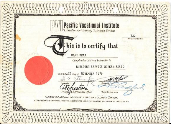 [Bant Brar's Pacific Vocational Institute Education and Training Extension Services Certificate]