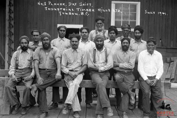 [Group photo of lumber mill workers from the #1 Planer Day Shift at Industrial Timber Mills Ltd, Youbou, B.C.]