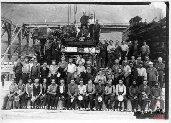 [Group photo of lumber mill workers from the night shift at Industrial Timber Mills Ltd, Youbou, B.C.]