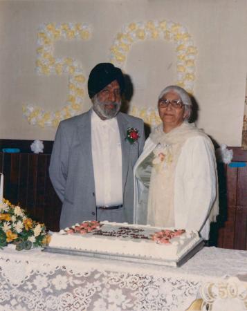 [Photo of Hardial Singh Atwal and Rattan Kaur Atwal on their 50th anniversary celebration]