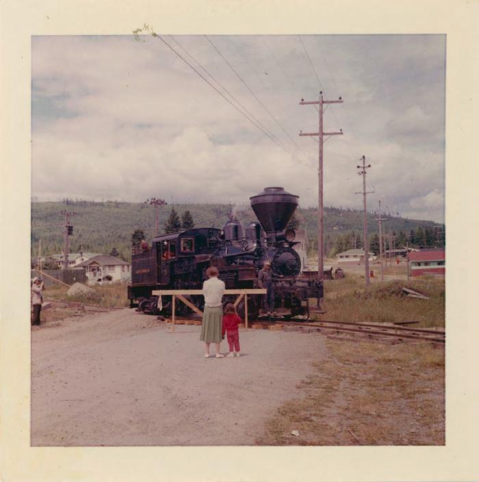 [Photo of a steam engine crossing a street in Paldi, B. C.]
