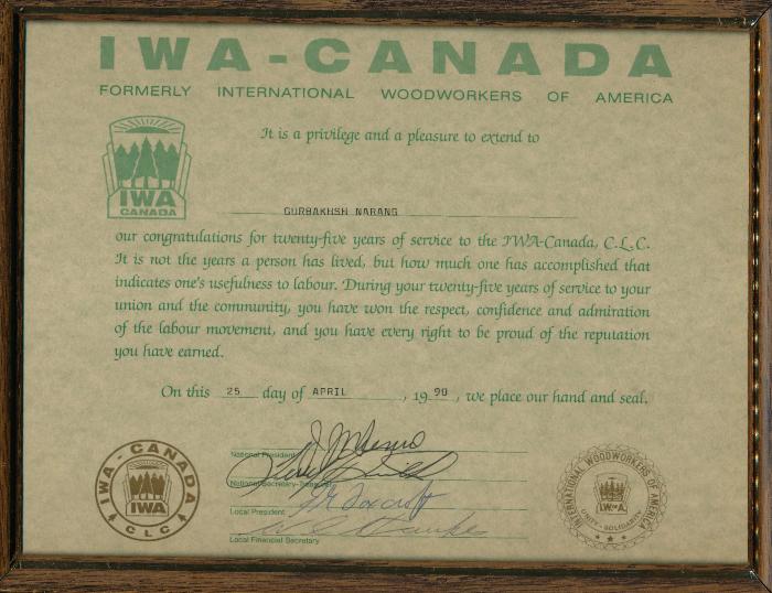 [Photo of Gurbakhsh Narang's IWA-Canada certificate]