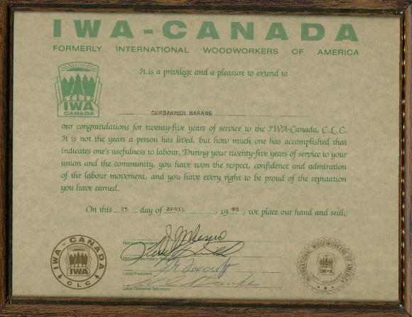 [Photo of Gurbakhsh Narang's IWA-Canada certificate]