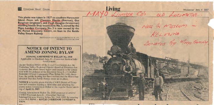 [Newspaper clipping regarding the donation of Mayo Lumber Co's old locomotive]