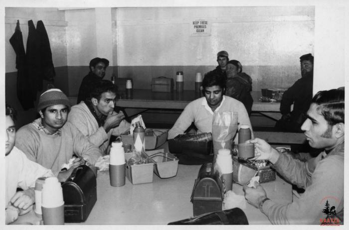 [Group photo of lumber workers on lunch break at Ladysmith Forest Products, B.C.]