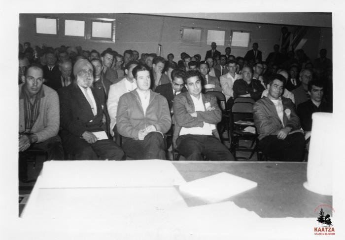 [View from a table of the audience at an IWA Local 1-80 meeting in Duncan, BC, 1960s]