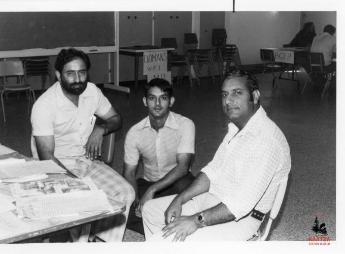 [Group photo of Harbahjan Dhillon, Ajit Biahi, and Gurbaksh Bains at the 1981 IWA Strike Headquarters in Duncan, B.C.]