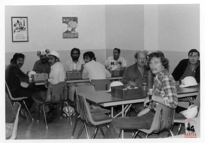 [Group photo in the lunchroom at Mayo Lumber in Nanaimo, B.C.]