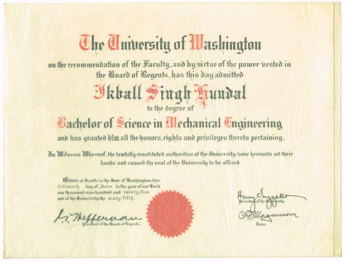 [Bachelor of Science in Mechanical Engineering degree awarded to Ikball Singh Hundal by the University of Washington]
