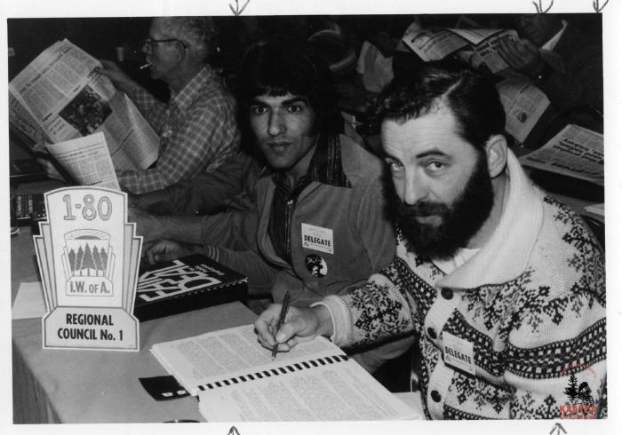 [Photo of IWA delegates Naranjan Parhar and Stu Hawkins at the 1978 B.C. Federation of Labour Convention]