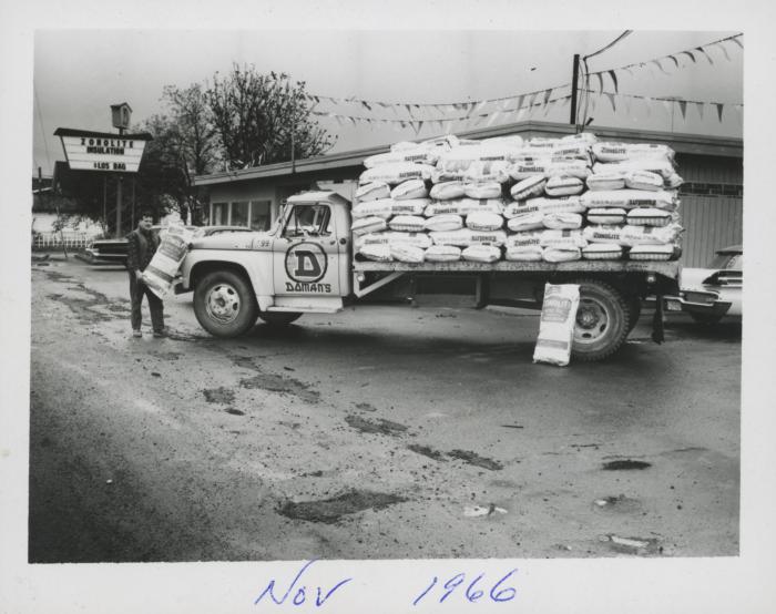 [Photo of a Doman Industries transport worker with a hauling truck loaded with zonolite insulation]