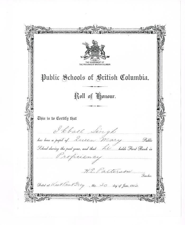 [Roll of Honour certificate awarded to Ikball Singh Hundal by the Public Schools of British Columbia]