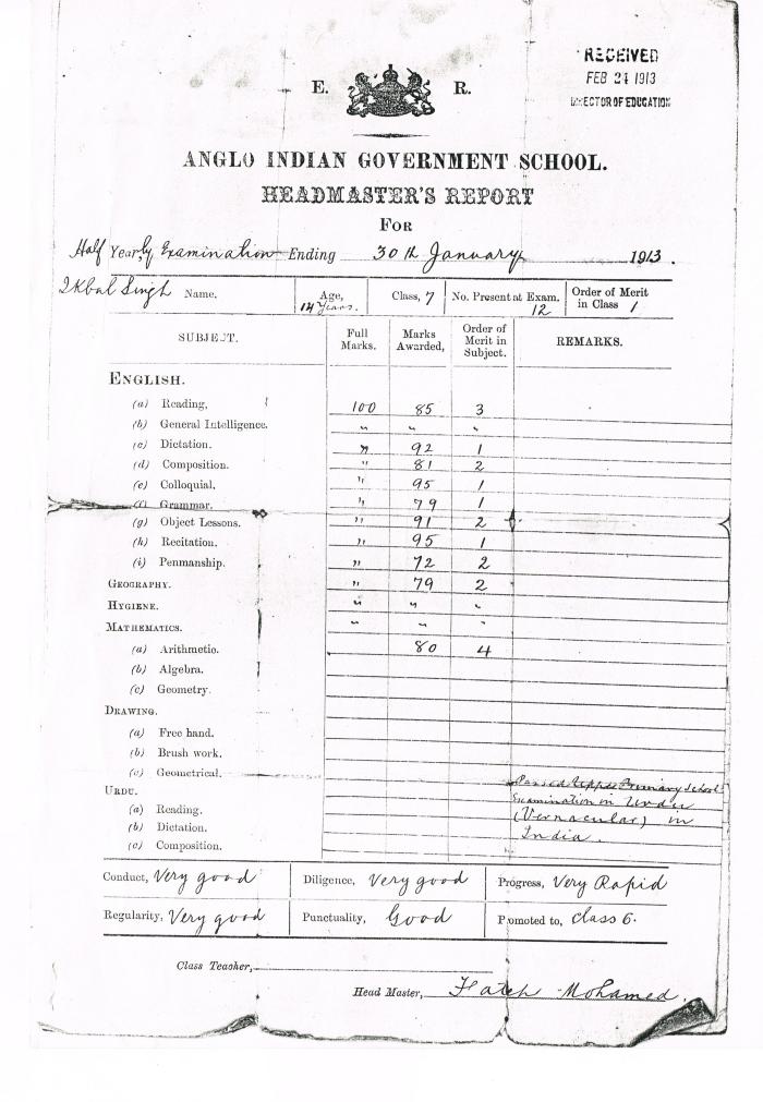 [Headmaster's report, Anglo Indian Governement School]