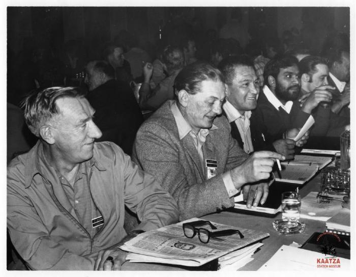 [Group photo of delegates H. "Dutchy" Vonkeman, Bill Townsley, Len Edwards, and Karnail Manhas at the 34th Regional IWA Convention]