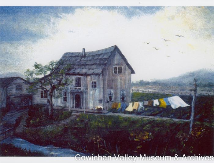 [Painting of a wooden house with a clothesline]