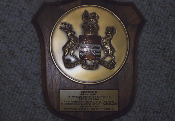 [Award presented to Herb Doman for his service to the British Columbia Development Corporation]