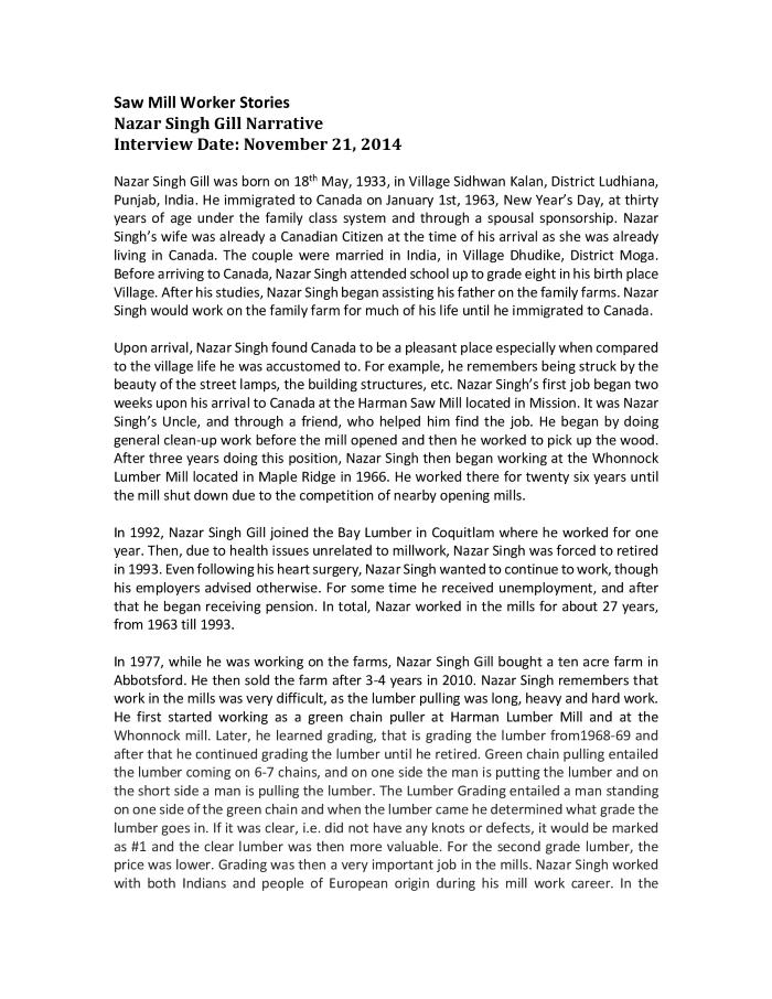 [Narrative of Nazar Singh Gill]