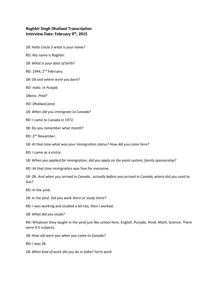 [Transcription of interview with Raghbir Singh Dhaliwal]