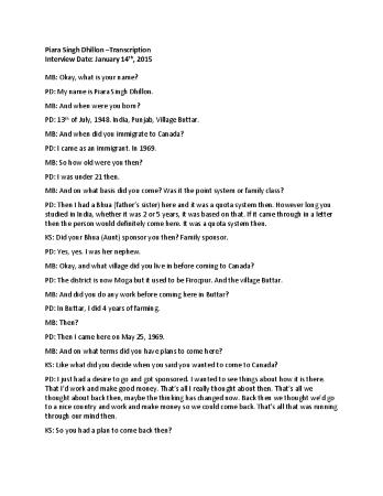 [Transcription of interview with Piara Singh Dhillon]