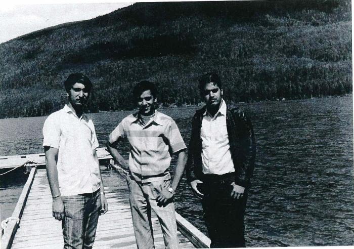 [Group photo of Rajinder Singh Gill with unidentified South Asian men at Mckenzie Lake, B.C.]