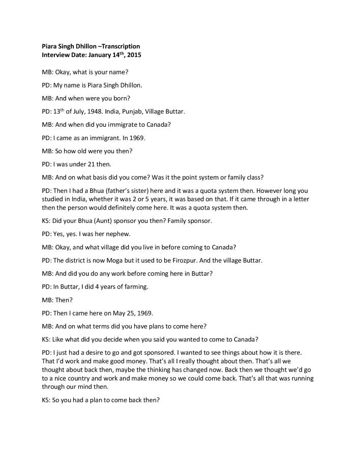 [Transcription of interview with Piara Singh Dhillon]