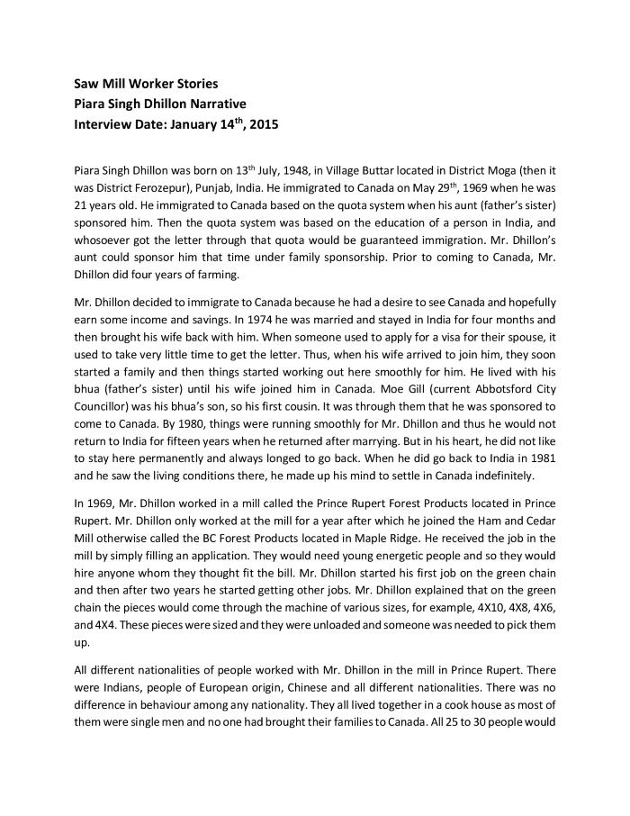[Narrative of Piara Singh Dhillon]