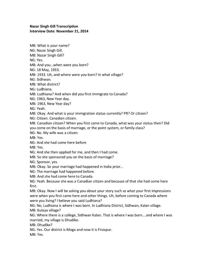 [Transcription of interview with Nazar Singh Gill]